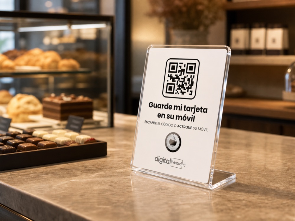 Placa digitalVCard en el mostrador de la recepción de un hotel