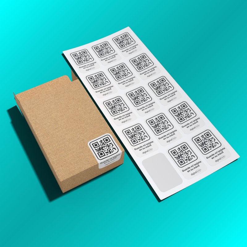 Lámina de pegatinas QR de digitalVCard sobre packaging